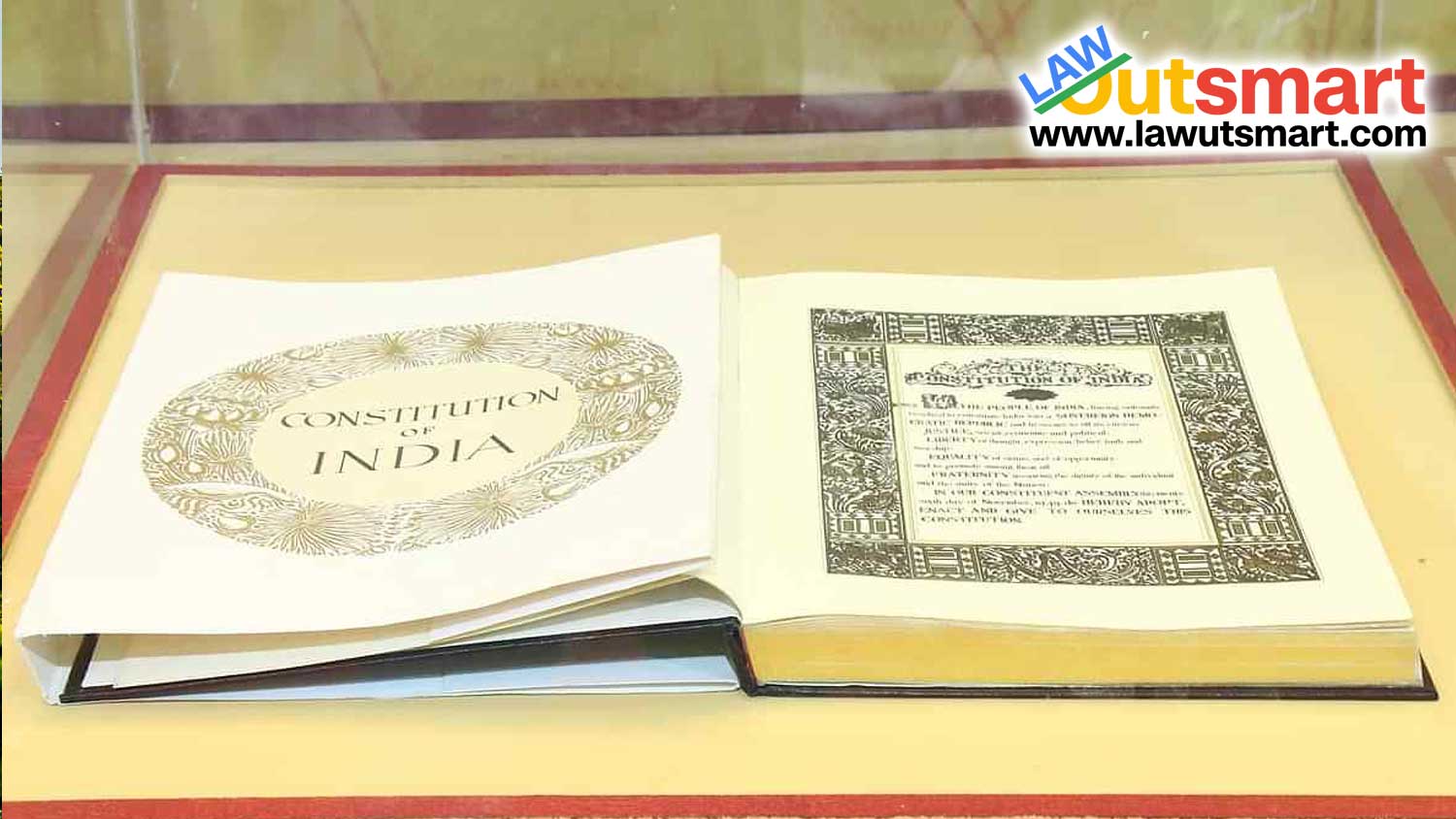 original copy of the constitution of India displayed in the Parliament library.